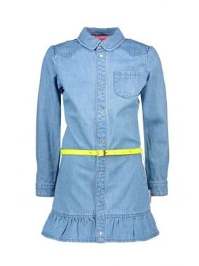 Girls' Light Denim Shirt Dress with Neon Yellow Belt